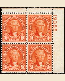 #641 - 9¢ Jefferson: Plate Block