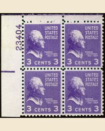 # 807 - 3¢ Jefferson: plate block