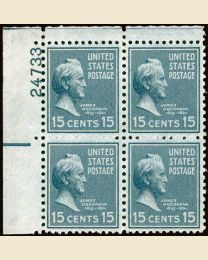 # 820 - 15¢ Buchanan: plate block