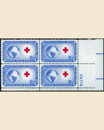 #1016 - 3¢ Red Cross: plate block