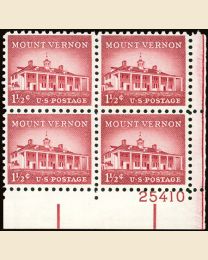 #1032 - 1 1/2¢ Mt. Vernon: plate block