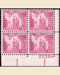 #1043 - 9¢ Alamo: plate block