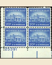#1047 - 20¢ Monticello: plate block