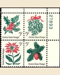 #1254S- 5¢ Xmas - Holly, Mistletoe, Poinsetta, Conifer Plate Block