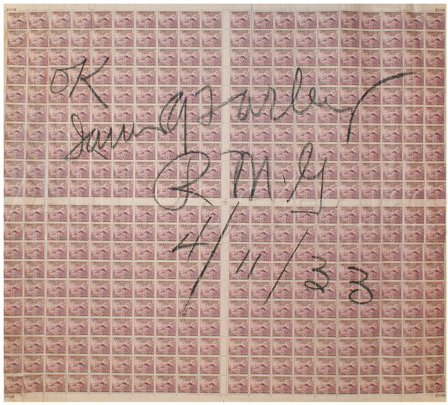 A sheet of stamps signed by Farley